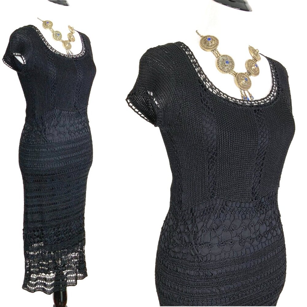Vintage 90’s Kroshetta By Papillon Black Crochet Midi Dress Size S - Picture 10 of 16